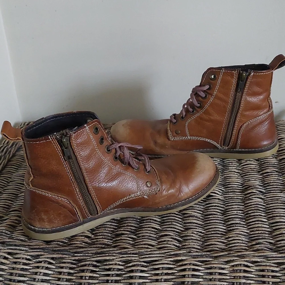 Crevo Men's Brown Leather Lace-Up Side-Zip Boots